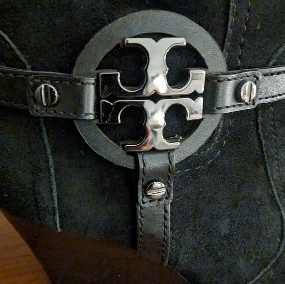 TORY BURCH Aaden black suede black logo detail wedge heel ankle boots size 9.5 - Picture 3 of 8